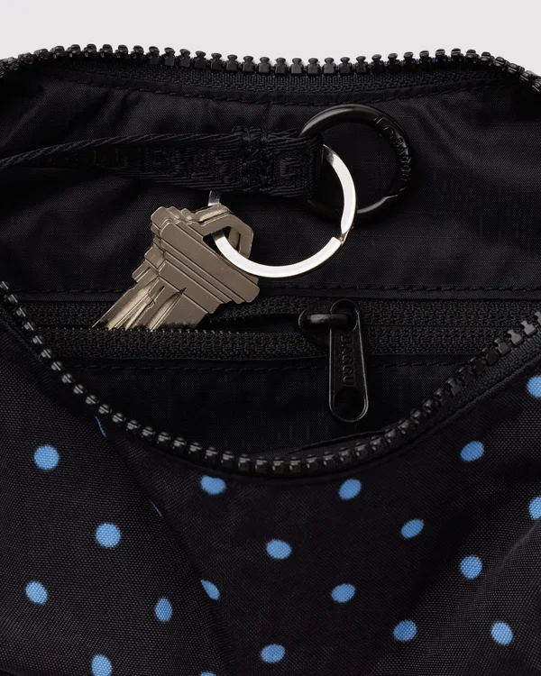 Small Nylon Crescent Bag - Black And Sky Blue Micro Dot