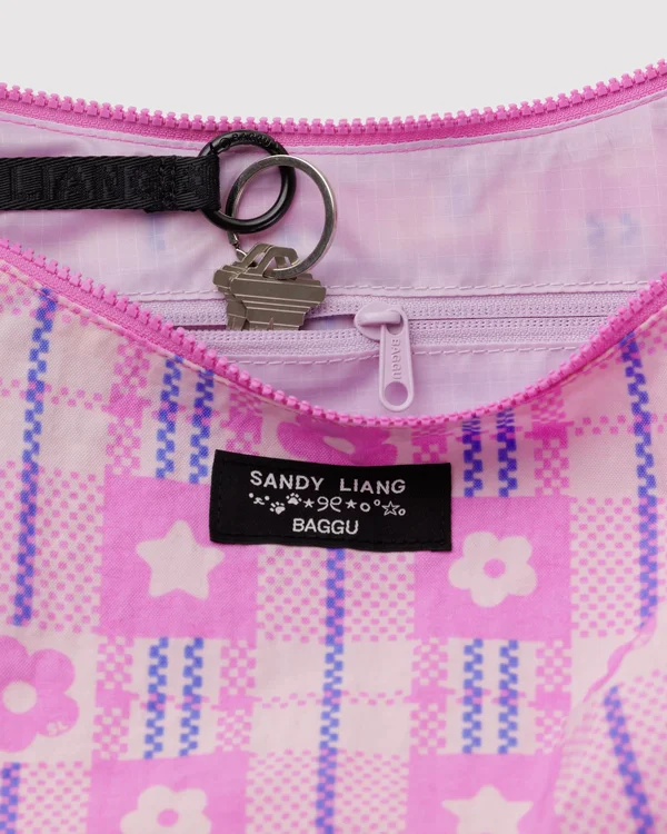 Medium Nylon Crescent Bag - Market Plaid Pink - Material: heavyweight-nylon